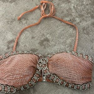Beaded Halter Bikini Top in Shimmering Peach